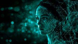 Alt text: A futuristic digital artwork of a woman's face illuminated by teal and blue circuit-like patterns and glowing data nodes. Her expression is calm and introspective, blending seamlessly into a network of interconnected lines and abstract technology visuals, symbolizing the fusion of humanity and artificial intelligence and technology of the day.