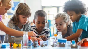 Children seated around a table, collaborating as they manipulate colorful learning materials—such as blocks, paint, or clay—while a teacher guides them in a bright, hands-on classroom setting
