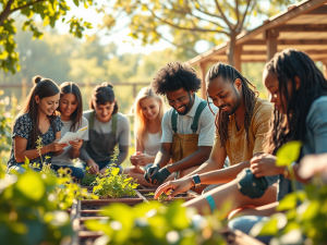 A diverse group of young adults participates in an outdoor gardening class, smiling and collaborating as they tend to raised garden beds filled with herbs and vegetables, under the shade of trees on a sunny day.