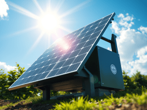 **Alt text:** A close-up view of a modern solar panel array with perovskite cells mounted on a small metal frame in a sunny outdoor setting. The bright sun shines in a clear blue sky with scattered clouds, casting light on the efficient, compact solar system, surrounded by green vegetation.